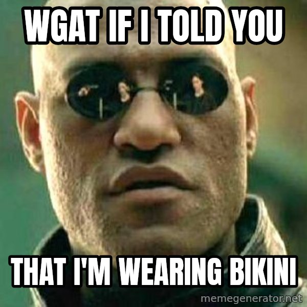 What if I told you / Matrix Morpheus meme: wgat if i told you / that i'm wearing bikini