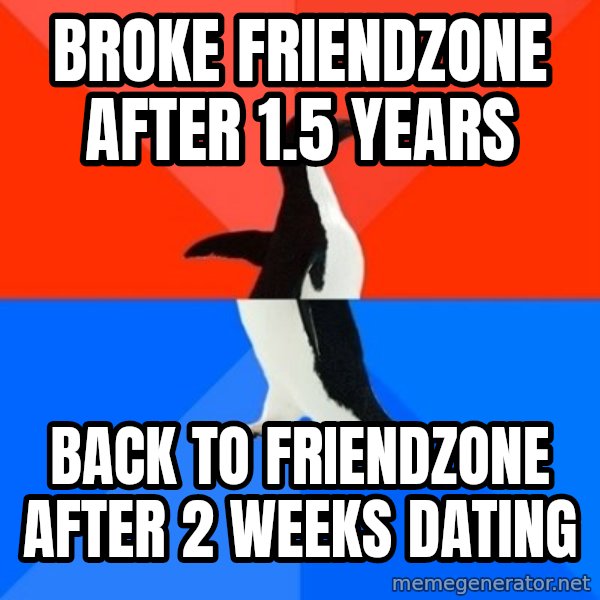 Socially Awesome Awkward Penguin meme: broke friendzone after 1.5 years / back to friendzone after 2 weeks dating
