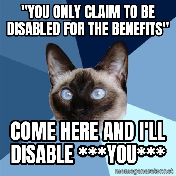 Chronic Illness Cat meme: ''You only claim to be disabled for the benefits'' / come here and i'll disable ***you***