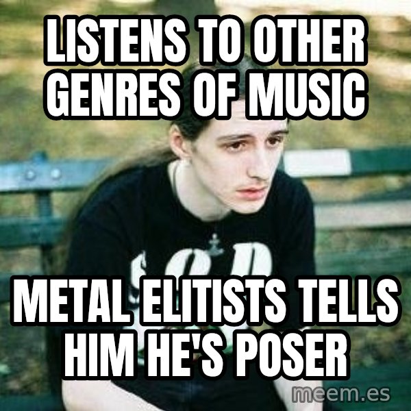 depressed metalhead meme: listens to other genres of music / metal elitists tells him he's poser