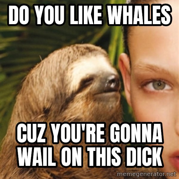 The Rape Sloth meme: dO YOU LIKE WHALES / CUZ YOU'RE GONNA WAIL ON THIS DICK