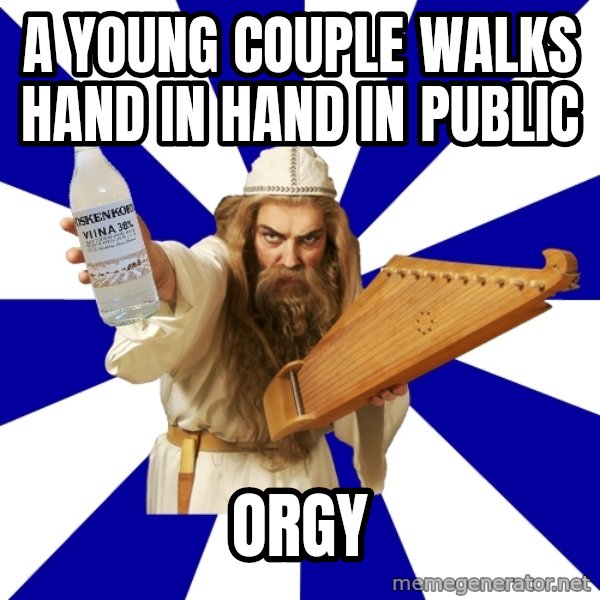 FinnishProblems meme: a young couple walks hand in hand in public / ORGY