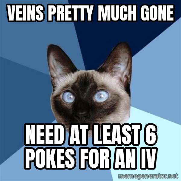 Chronic Illness Cat meme: Veins Pretty much gone / Need at least 6 pokes for an IV