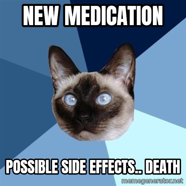 Chronic Illness Cat meme: new medication / possible side effects.. death