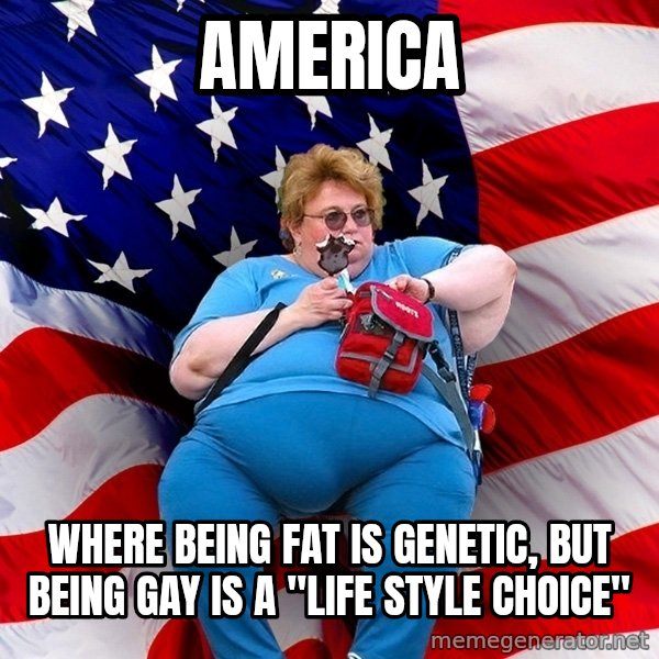 Obese American meme: AMERICA / wHERE BEING FAT IS GENETIC, BUT BEING GAY IS A "LIFE STYLE CHOICE"