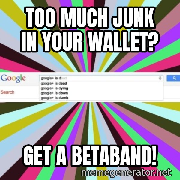 Google meme: Too mUCH JUNK IN YOUR WALLET? / GET A BETABAND!