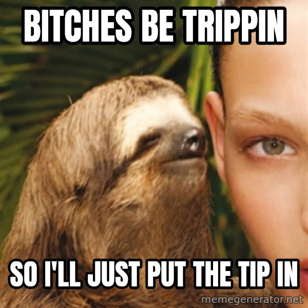 The Rape Sloth meme: bitches be trippin / so i'll just put the tip in