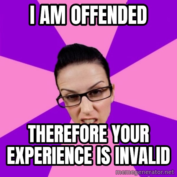Privilege Denying Feminist meme: I am offended / therefore your experience is invalid