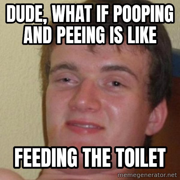 really high guy meme: DUDE, WHAT IF POOPING AND PEEING IS LIKE / FEEDING THE TOILET