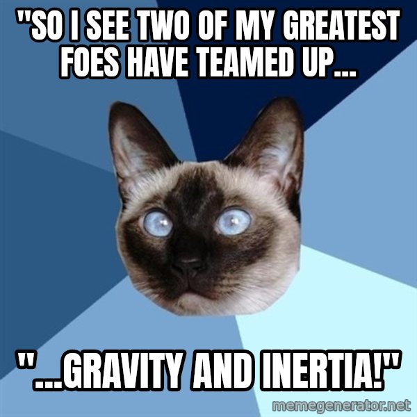 Chronic Illness Cat meme: "So i see two of my greatest foes have teamed up... / "...gravity and inertia!"