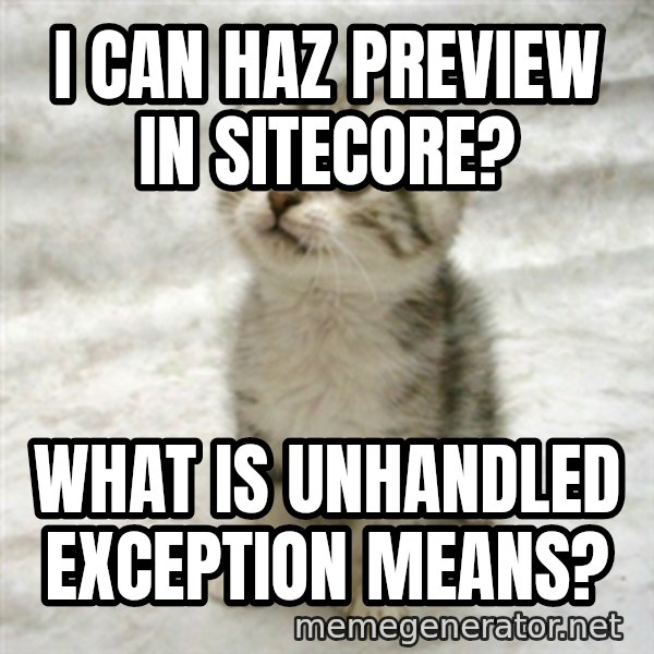 Can haz cat meme: I can haz preview in sitecore? / what is unhandled exception means?