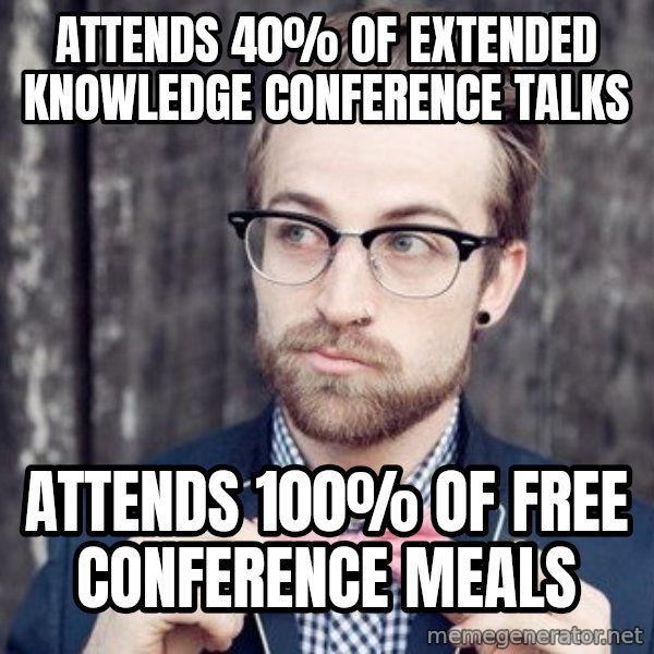 Scumbag Analytic Philosopher meme: attends 40% of extended knowledge conference talks / attends 100% of free conference meals
