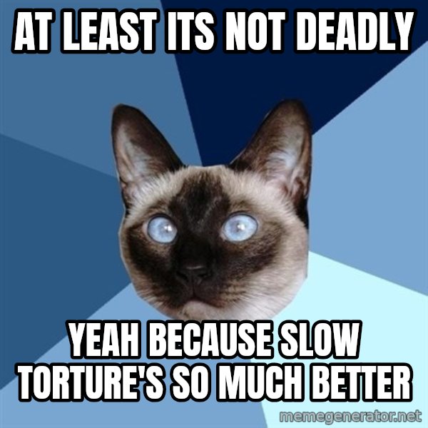 Chronic Illness Cat meme: At least its not deadly / Yeah because slow torture's so much better