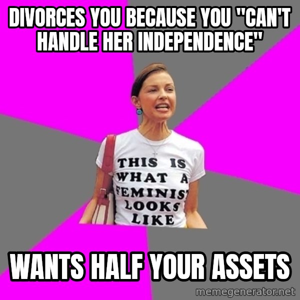 Feminist Cunt meme: Divorces you because you "can't handle her independence" / wants half your assets