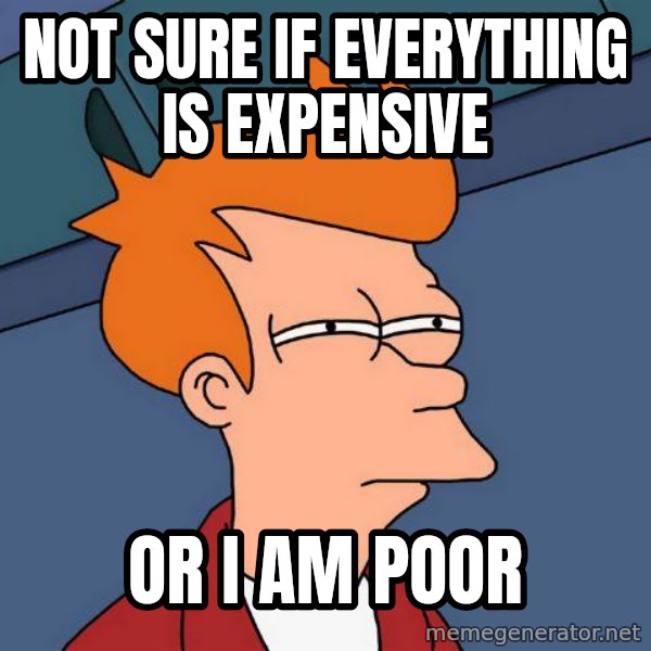 Futurama Fry meme: not sure if everything is expensive / or i am poor