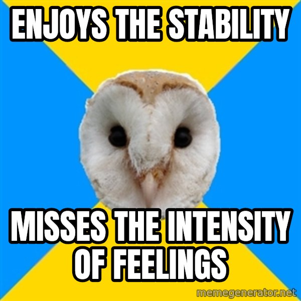 Bipolar Owl meme: Enjoys the Stability / Misses the intensity of feelings