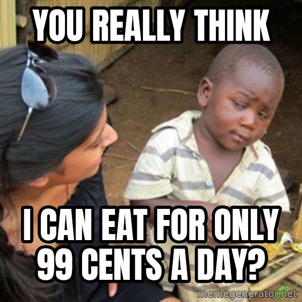 Skeptical 3rd World Kid meme: You really think / I can eat for only 99 cents a day?