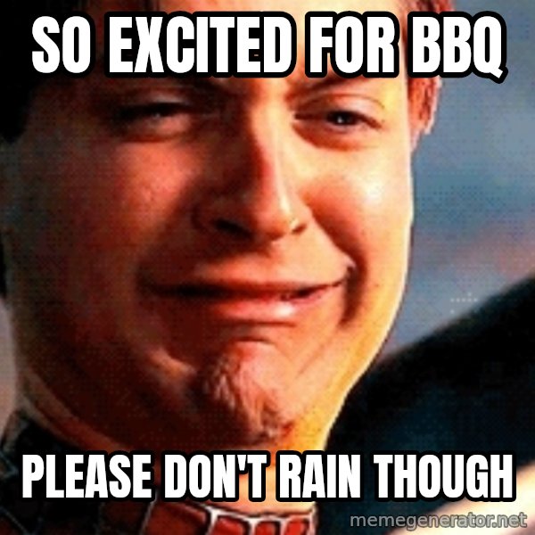 Crying Tobey Maguire meme: SO EXCITED FOR BBQ / PLEASE DON'T RAIN THOUGH