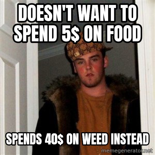 Scumbag Steve meme: Doesn't want to spend 5$ on food / Spends 40$ on weed instead