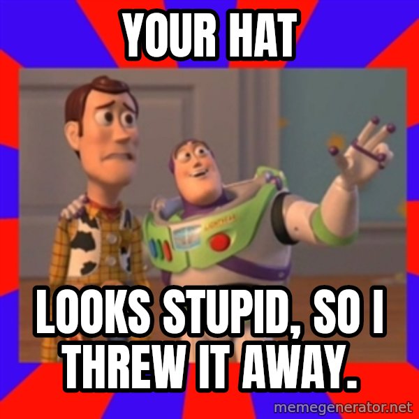 Everywhere meme: Your Hat / Looks stupid, so I threw it away.
