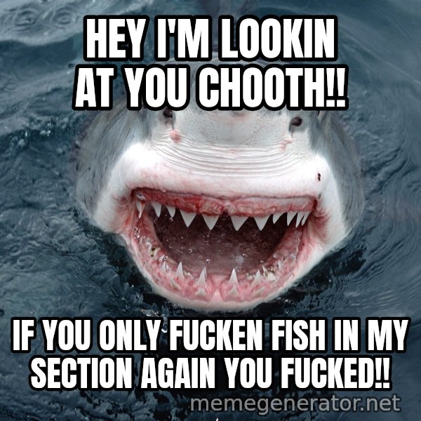 Insanity Shark meme: hey I'm lookin at you chooth!! / if you only fucken fish in my section again you fucked!!