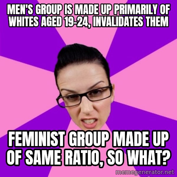 Privilege Denying Feminist meme: men's group is made up primarily of whites aged 19-24, invalidates them / feminist group made up of same ratio, so what?