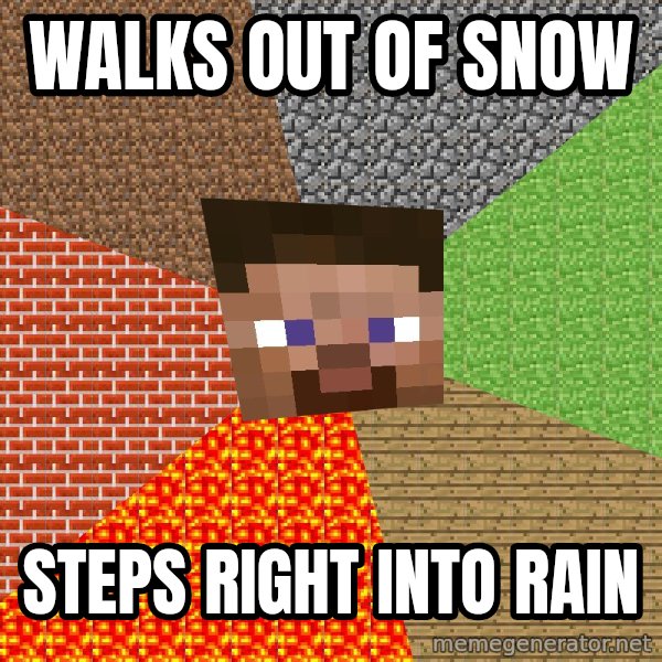 Minecraft Guy meme: Walks out of snow / Steps right into rain