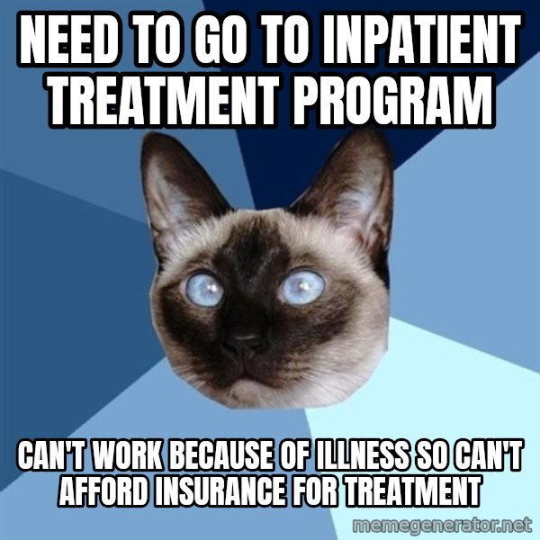 Chronic Illness Cat meme: Need to go to inpatient treatment program / Can't work because of illness so can't afford insurance for treatment