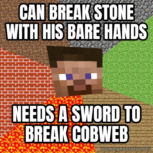 Minecraft Guy meme: Can break stone with his bare hands / needs a sword to break cobweb