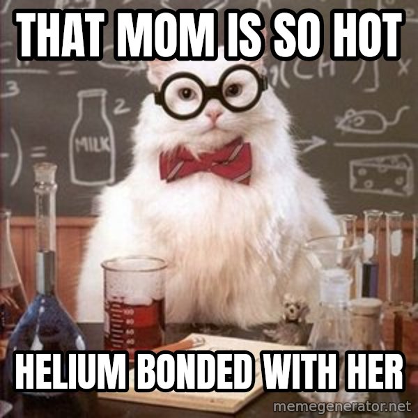 Chemistry Cat meme: That mom is so hot / helium bonded with her