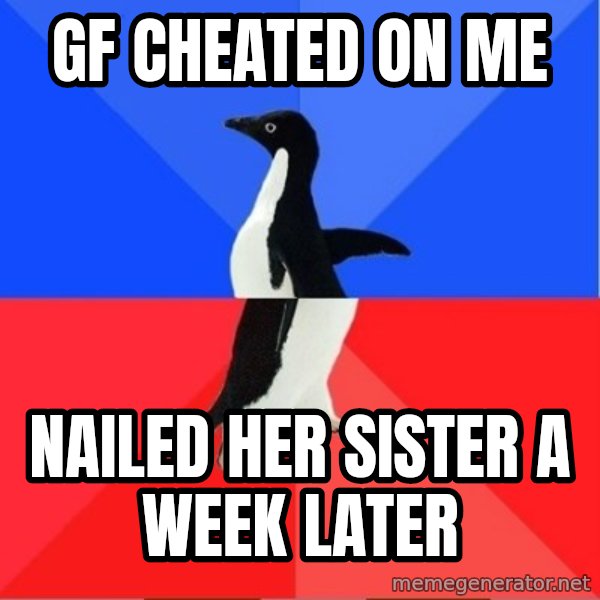 Socially Awkward to Awesome Penguin meme: Gf cheated on me / Nailed her sister a week later