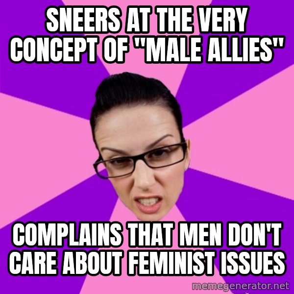 Privilege Denying Feminist meme: sneers at the very concept of "male allies" / complains that men don't care about feminist issues