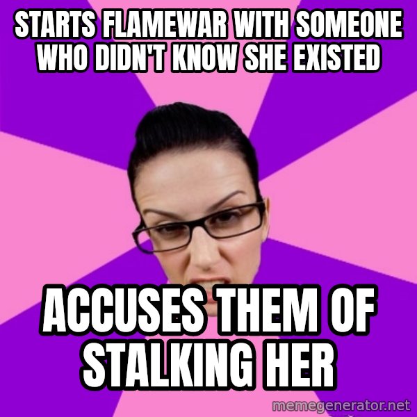 Privilege Denying Feminist meme: starts flamewar with someone who didn't know she existed / accuses them of stalking her