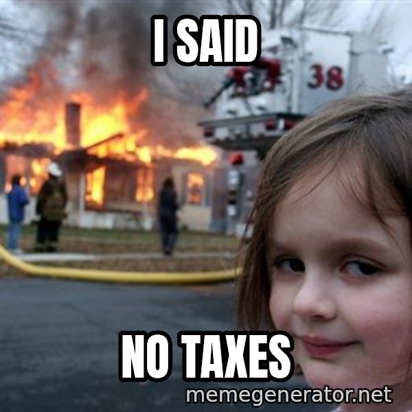 Disaster Girl meme: I SAID / NO Taxes