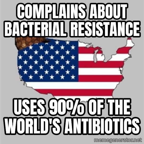 Scumbag America2 meme: complains about bacterial resistance / uses 90% of the world's antibiotics