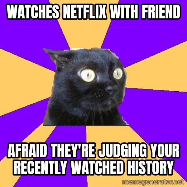 Anxiety Cat meme: watches netflix with friend / afraid they're judging your recently watched history