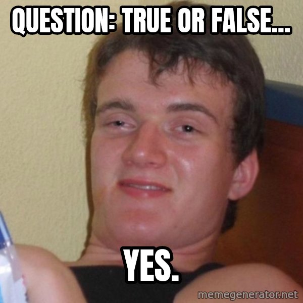high/drunk guy meme: Question: True or False... / Yes.