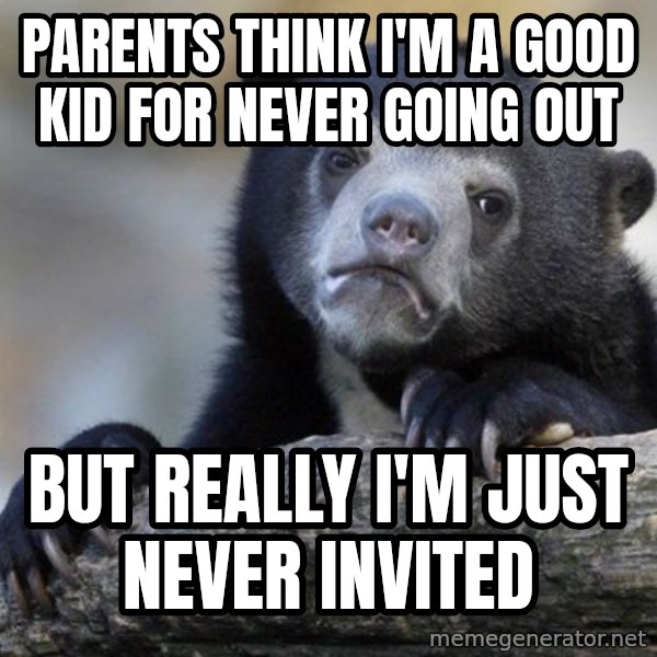 Confession Bear meme: Parents think I'm a good kid for never going out / But really I'm just never invited