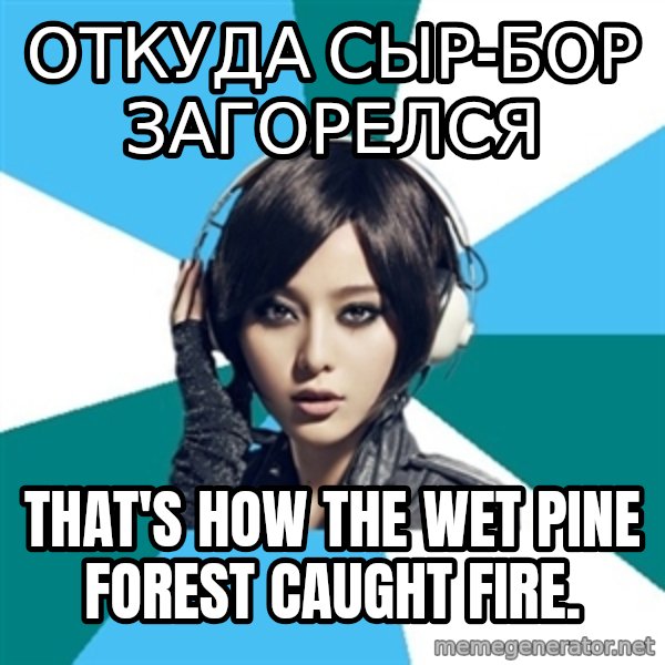 Crafty Interpreter meme: ОТКУДА СЫР-БОР ЗАГОРЕЛСЯ / That's how the wet pine forest caught fire.