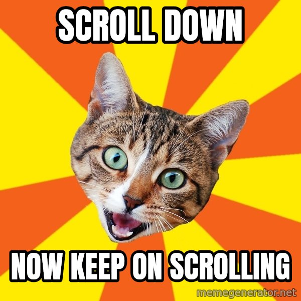 Bad Advice Cat meme: Scroll down / Now keep on scrolling