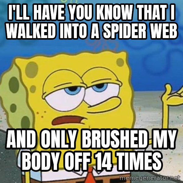 I'll have you know Spongebob meme: I'LL HAVE YOU KNOW THAT I WALKED INTO A SPIDER WEB / AND ONLY BRUSHED MY BODY OFF 14 TIMES