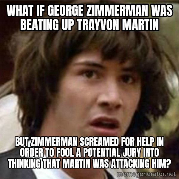 what if meme meme: What if George Zimmerman was beating up Trayvon Martin / but Zimmerman screamed for help in order to fool a potential jury into thinking that Martin was attacking HIM?