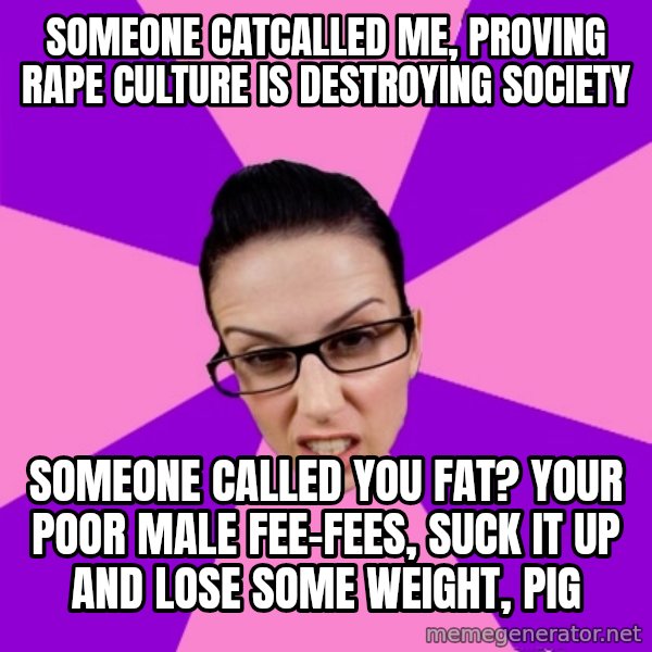 Privilege Denying Feminist meme: someone catcalled me, proving rape culture is destroying society / someone called you fat? your poor male fee-fees, suck it up and lose some weight, pig