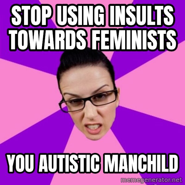 Privilege Denying Feminist meme: stop using insults towards feminists / you autistic manchild