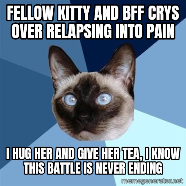 Chronic Illness Cat meme: fellow kitty and bff crys over relapsing into pain / i hug her and give her tea, i know this battle is never ending