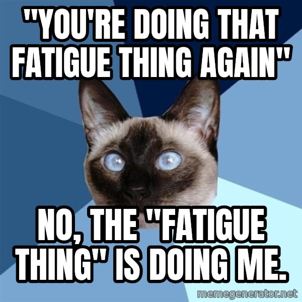 Chronic Illness Cat meme: "You're doing that fatigue thing again" / No, the "fatigue thing" is doing me.
