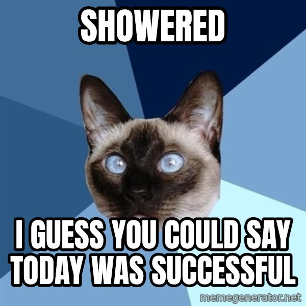 Chronic Illness Cat meme: showered / I GUESS YOU COULD SAY TODAY WAS SUCCESSFUL