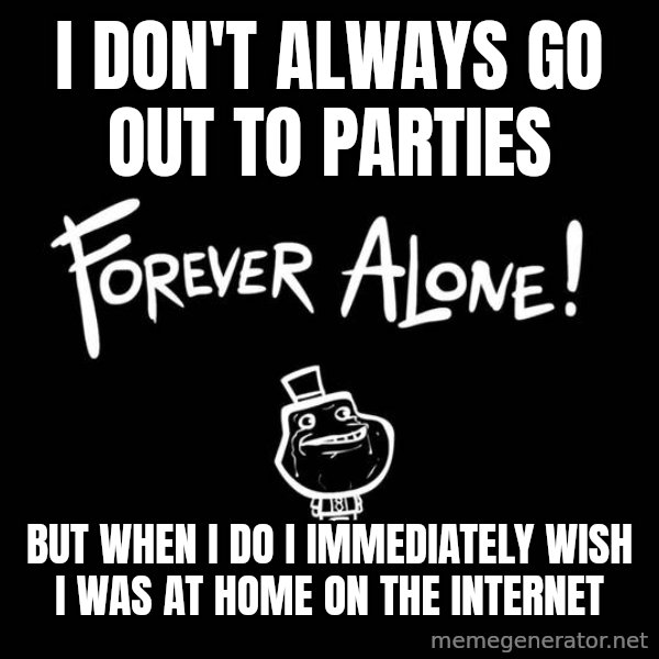 The Most Interesting Man In The World meme: i don't always go out to parties / but when i do i immediately wish i was at home on the internet