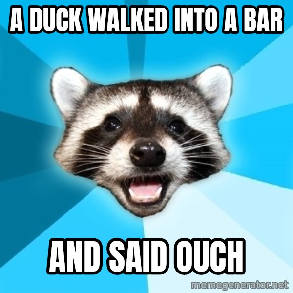 Lame Pun Coon meme: a duck walked into a bar / and said ouch