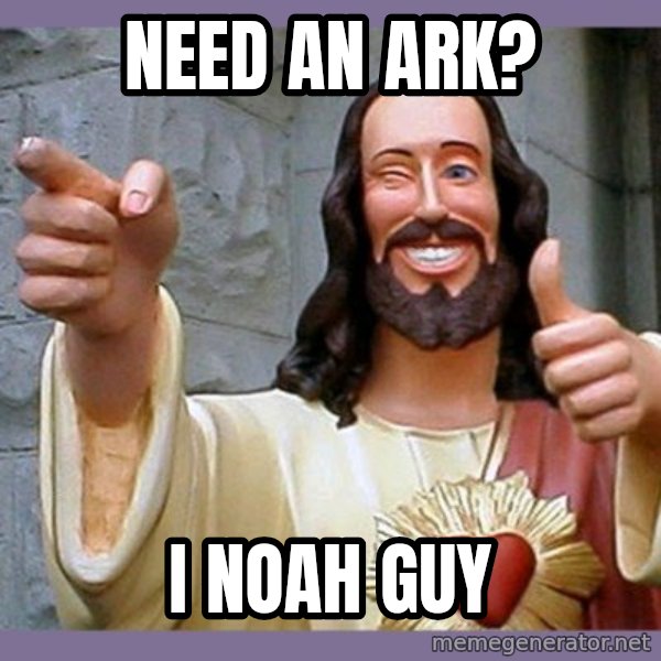 buddy jesus meme: NEED AN ARK? / I NOAH GUY
